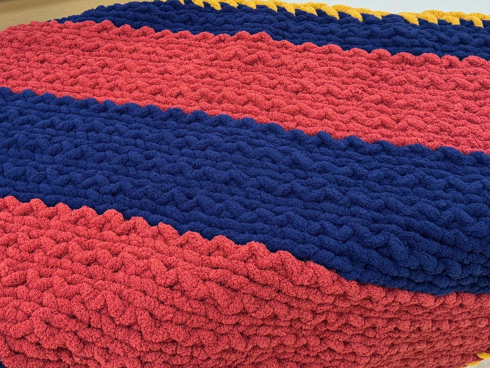 Hand Knit Throw in Barcelona Soccer Colors / Chunky Yarn